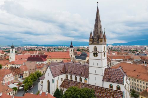 Aerial,View,Of,Ancient,Part,Of,Sibiu,In,Romania,,Red